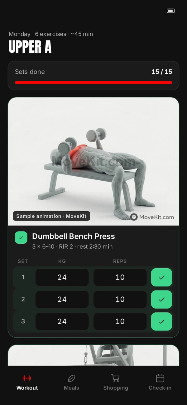 Roudfit coaching app on a phone: a sample client’s Monday workout, Upper A, with sets done and the dumbbell bench press with its demo video and the kg and reps logged for each set